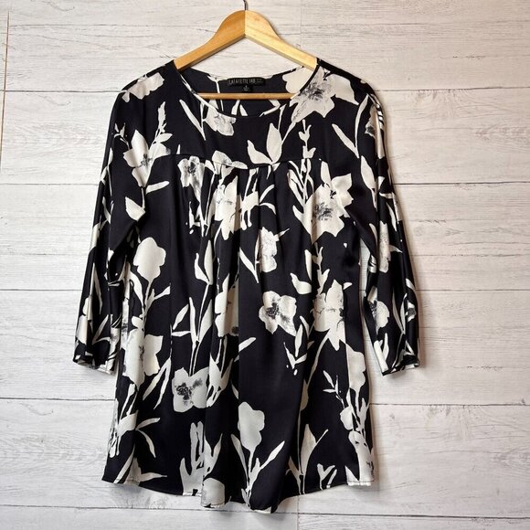 Lafayette 148 New York Blouse Womens SZ 6 Black & White Floral 100% Silk Natural - Picture 8 of 16